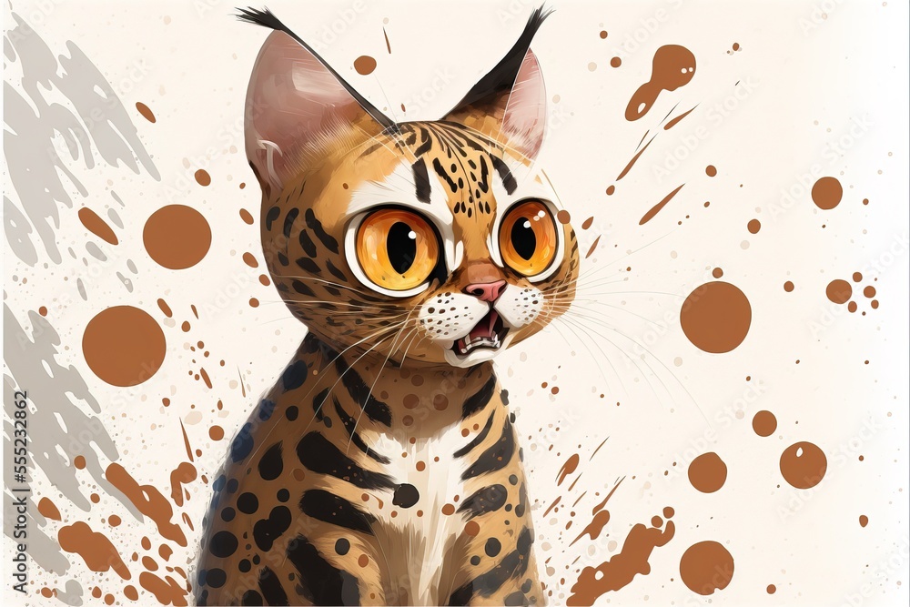 Poster a cat with big eyes and a cat like face with spots on it's back side. generative ai