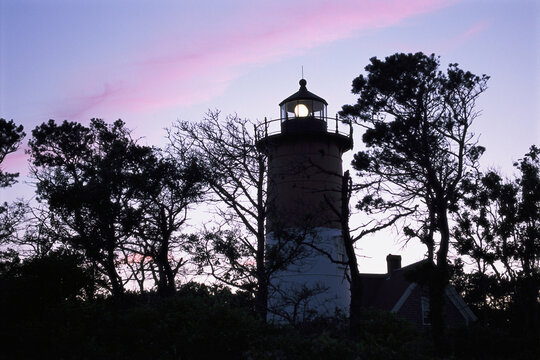 Silhouetted trees and Nauset lighthouse at twilight.; Nauset Lighthouse, Eastham, Cape Cod, Massachusetts.