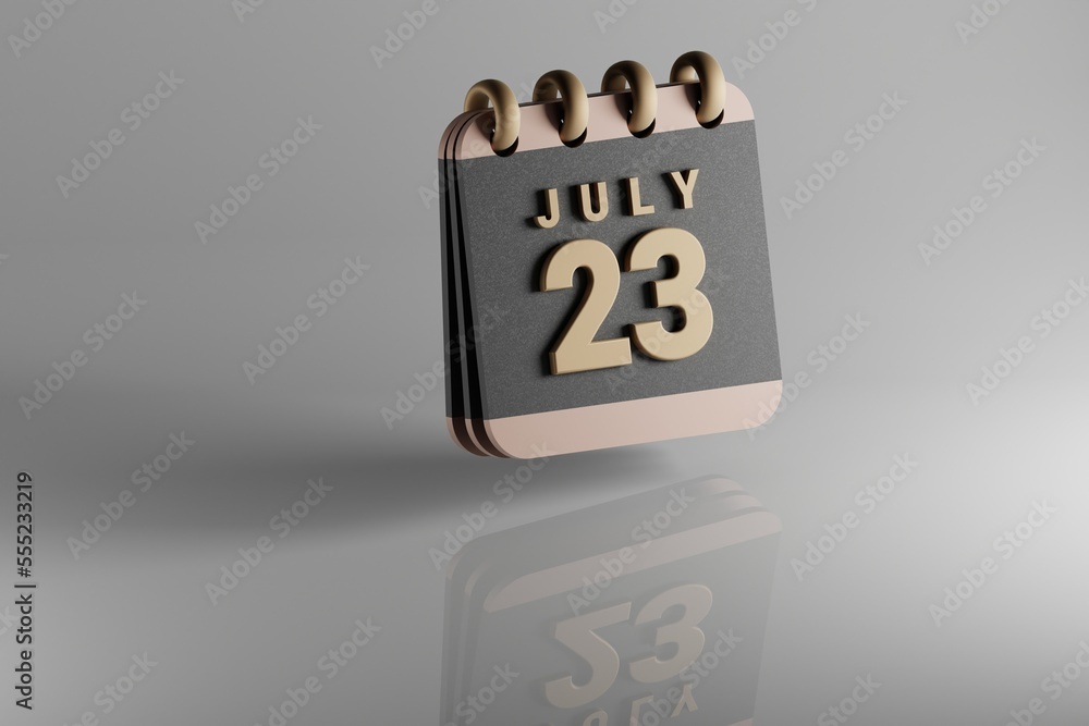 Poster Standing black and golden month lined desk calendar with date July 23. Modern design with golden elements, 3d rendering illustration. White ceramic reflection background...
