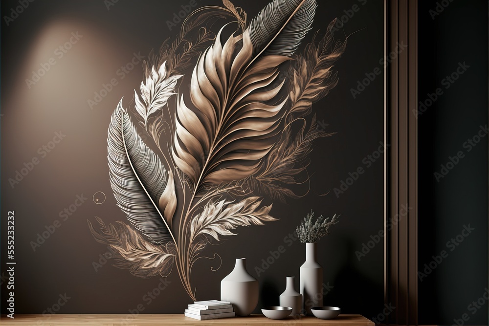 Poster a wall with a painting of a feather on it and vases on a table in front of it. generative ai