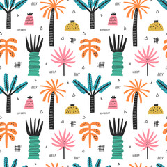 Tropical beach palm trees vector seamless pattern. Hand drawn jungle background 