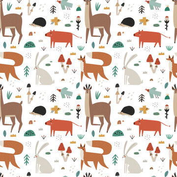Seamless pattern with cute scandinavian woodland animals and plants 