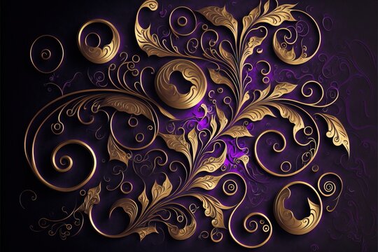  a purple and gold wall with a decorative design on it's side and a black background with a gold swirl. generative ai