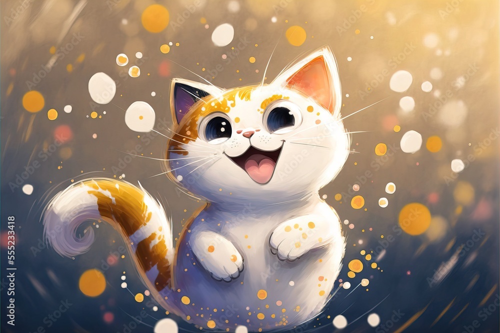 Poster a cat that is sitting down with its mouth open and it's tongue out and it's paw up. generative ai