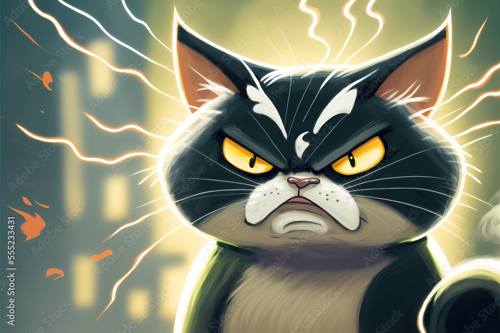 Poster a black and white cat with yellow eyes and a lightning bolt in the background with a building in the