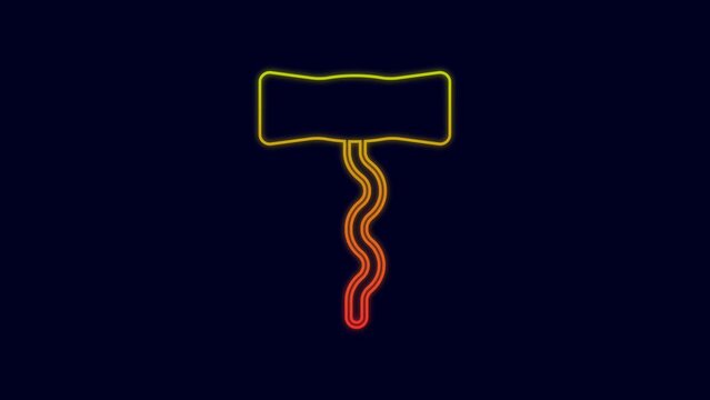 Glowing neon line Wine corkscrew icon isolated on blue background. 4K Video motion graphic animation