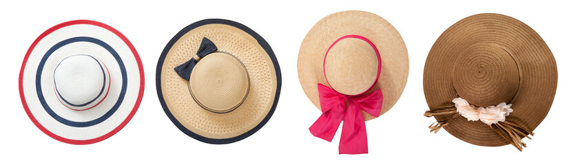Straw hats with ribbon and bow on white background. Set beach hats summer accessory closeup top...