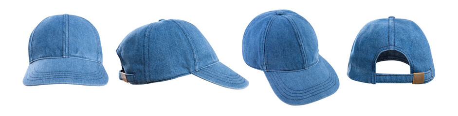 Blank denim baseball cap mockup template isolated. Set