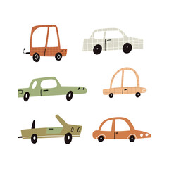 Naklejka premium Cartoon retro motor cars collection isolated on white. Cute hand drawn various automobiles clipart set