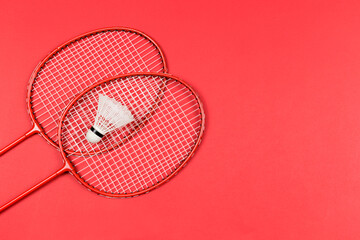 Couple of badminton racket and shuttlecock in between on red colored background for your shuttlecock sport announcement or psychology blog about relationships, lesbian couple and pregnancy