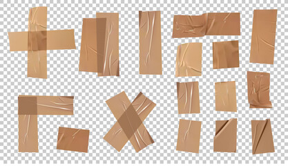 Adhesive tape. Realistic adhesive scotch with torn edges. 3D stripes for fixing or a simple repair. Plastic wrinkled sticky bands and crosses.Vector illustration.