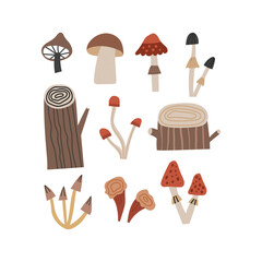 Hand drawn woodland types of mushrooms and tree stumps isolated on white background