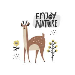 Enjoy Nature scandinavian style lettering inscription. Cute hand drawn deer character with antlers isolated on white © faveteart