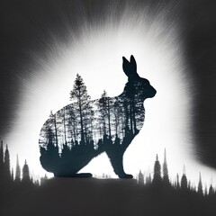 Rabbit in the forest, silhouette of rabbit, rabbit year illustration, year 2023, year of the water rabbit, generative ai hare art