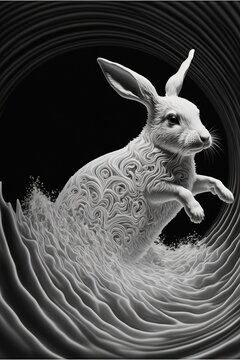 Surreal water rabbit, black and white abbit art illustration, water waves rabbit, rabbit year illustration, year 2023, year of the water rabbit, generative ai hare art