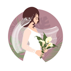 Bride in a veil and with a bouquet of flowers in round frame. Vector illustration