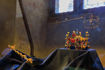 Royal crown. Background with selective focus and copy space