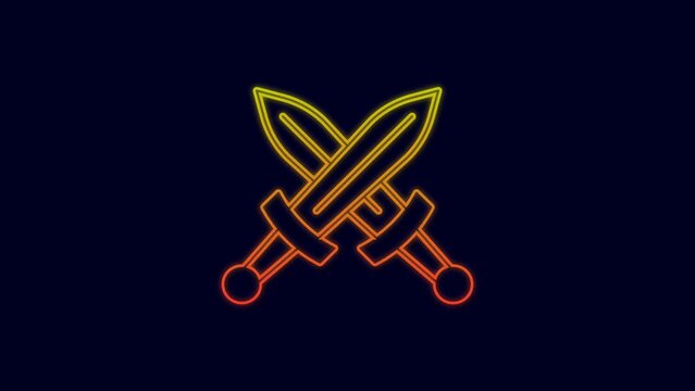 Glowing neon line Crossed medieval sword icon isolated on blue background. Medieval weapon. 4K Video motion graphic animation
