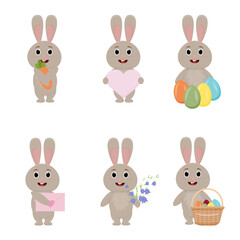 Easter bunny. set of cute Rabbit or hare with Easter eggs, flowers, carrots. Cartoon vector character.