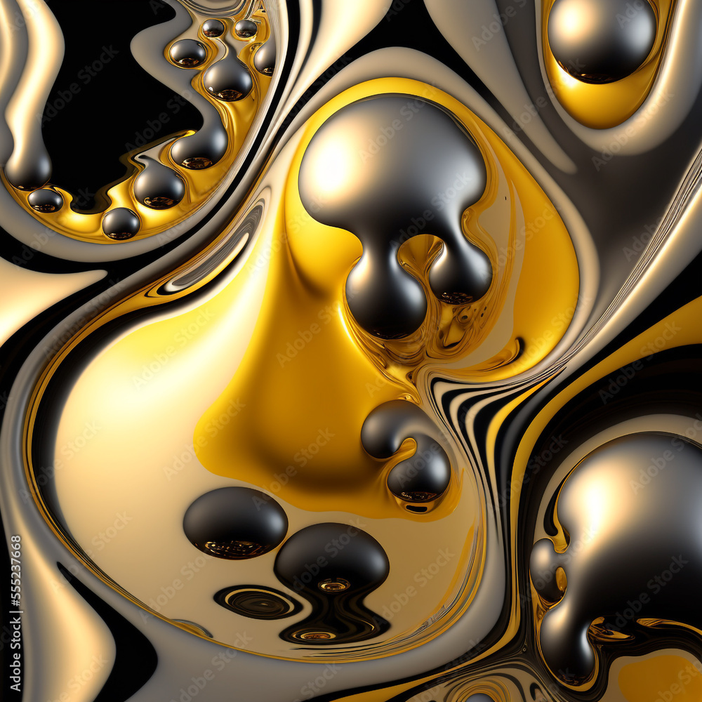 Poster abstract liquid background with gold and silver blobs. generative ai
