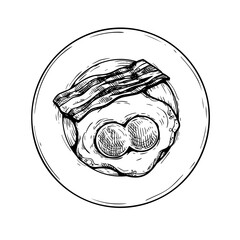 Plate with fried double-eyed egg and bacon slice. Hand drawn sketch style traditional breakfast drawing. Vector illustration on white background.