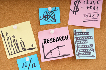 On the board are stickers with graphs and diagrams and the inscription - RESEARCH