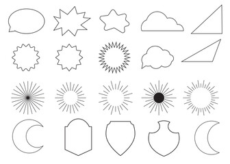 Vector sets of different geometric shapes and elements: round, square, sun, bubble, and star shapes. 