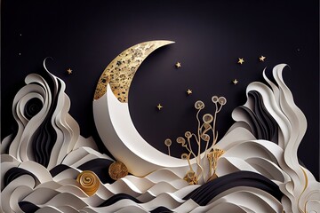 white, black and gold waves, new years eve ocean paper craft with a large moon and stars in the background, generative ai
