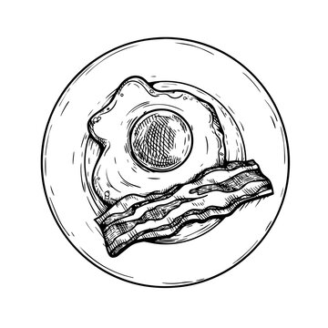 Plate with fried egg and bacon slice. Hand drawn sketch style traditional breakfast drawing. Vector illustration on white background.