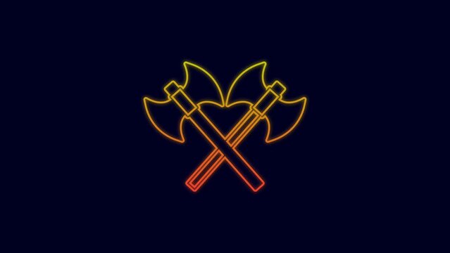 Glowing neon line Crossed medieval axes icon isolated on blue background. Battle axe, executioner axe. Medieval weapon. 4K Video motion graphic animation