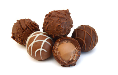 Chocolate candies collection. Beautiful Belgian truffles isolated on white background