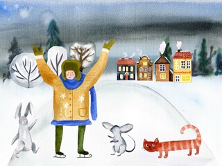 Watercolor illustration, background, postcard, poster, banner, texture, boy having fun, mouse, cat, hare, rabbit, winter activities, winter crowd, Merry Christmas, Happy New Year.