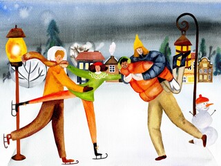Watercolor illustration, background, postcard, a couple is skating, a guy carries a girl on his shoulders, winter activities, Merry Christmas, Happy New Year.