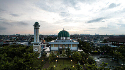 Aerial view of The Largest Mosque jakarta Garden City, Ramadan Eid Concept background, Travel and tourism. 