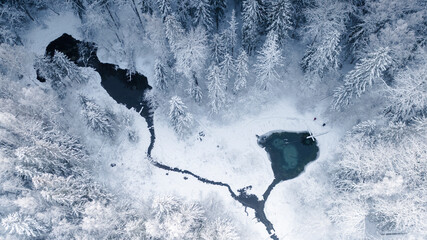 Aerial top-down view to the unfrozen holy spring lake with pair of unidentified visitors, surrounded by frost clad pristine winter woodland