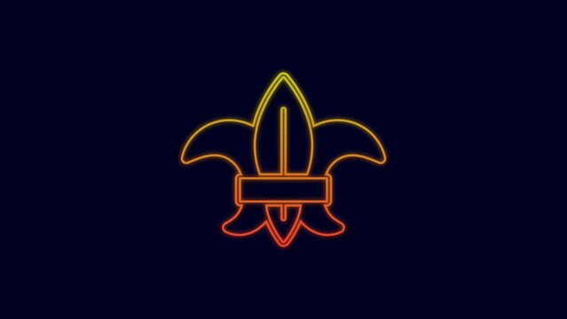 Glowing neon line Fleur de lys or lily flower icon isolated on blue background. 4K Video motion graphic animation
