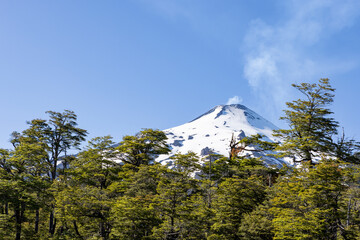 Villarrica volcano with a big column of smoke; Pucon, Chile 