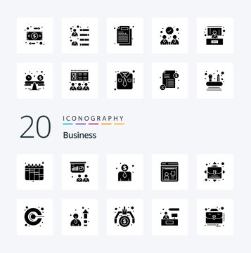 20 Business Solid Glyph Icon Pack Like Marketing Person Employee Salary Opportunity Working