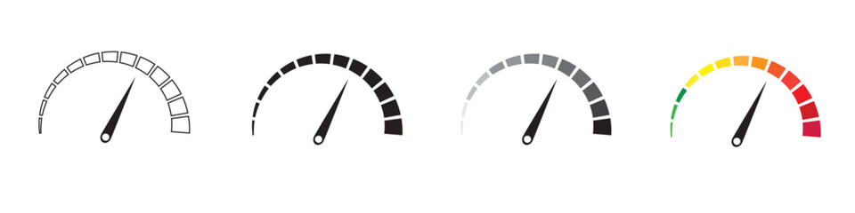 Speedometer icon set. Customer satisfaction indicator level. Risk level gauge. Info-graphic gauge Colorful info-graphic speedometer icon set. Productivity meter. Info-graphic icons set. Vector. EPS 10 - obrazy, fototapety, plakaty