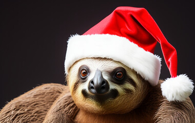 Fototapeta premium Generative AI of Sloth with Santa Claus Hat
