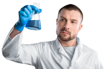 Scientist man with liquid in a researcher test tube