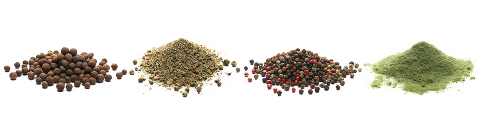 Set spice pile, allspice, caribbean mix seasoning, colorful peppercorns, powder wheat grass isolated on white - obrazy, fototapety, plakaty