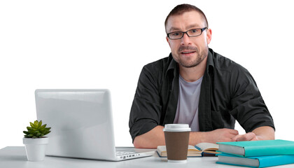 Caucasian business man working on laptop computer