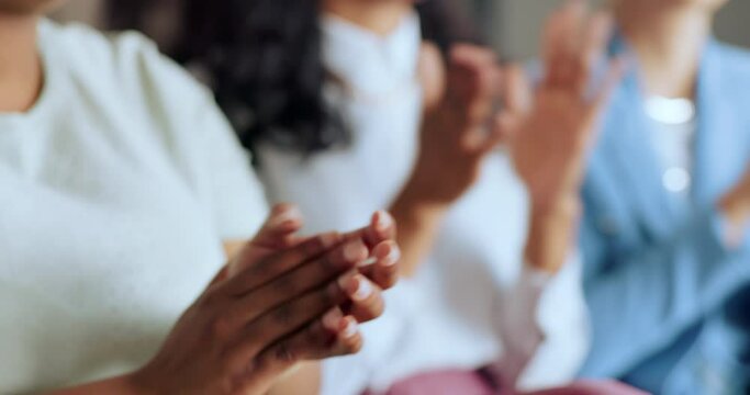 Hands applause, congratulations and women at seminar, trade show or award event for success together. Woman audience, celebrate or happy for equality, vision of goal of solidarity in finance business