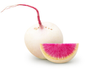 Isolated watermelon radishes. Whole raw watermelon radish with a piece isolated on white background...
