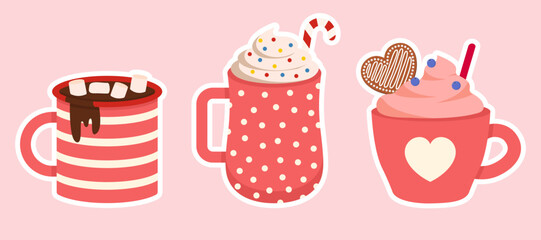 Set Of Valentines Beverages, Drinks With Marshmallow Vector Illustration With Hearts In Flat Style