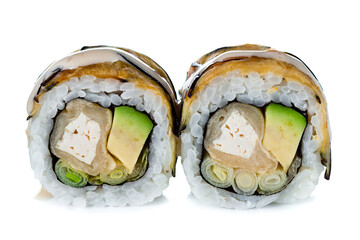 Fresh sushi rolls Murasaki Maki with rice, eggplant, tofu, avocado, iceberg lettuce and walnut...