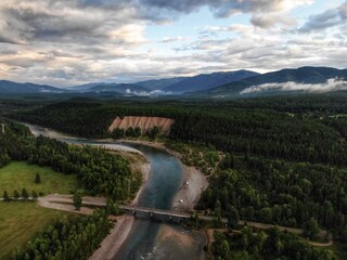 Aerial of Middle Fork of the Flathead River near Glacier National Park in Montana