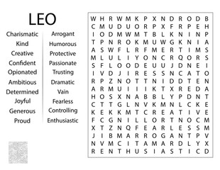 Fun Birthday Word Search Puzzle Template - Zodiac Sign Leo Traits and Characteristics Party Game