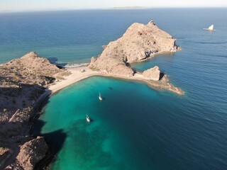 Aerial of sail boats in calm bay in Baja, Mexico in Sea of Cortez